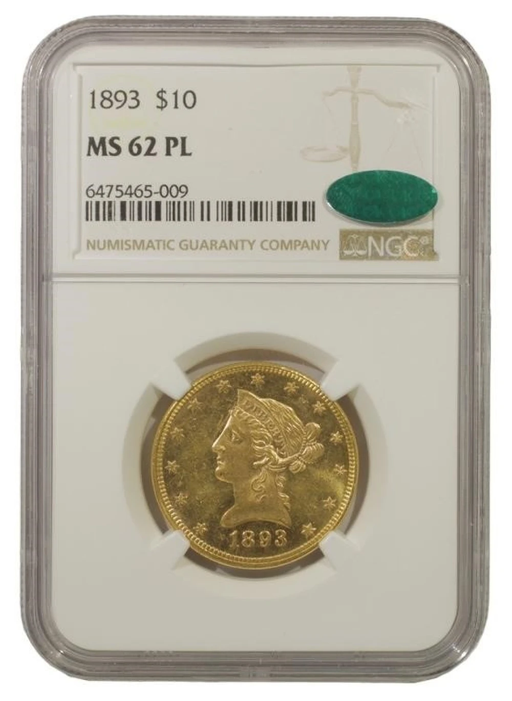 CAC Proof Like 1893 Gold $10
