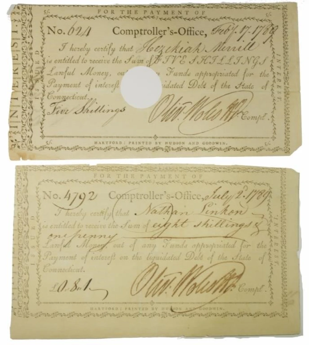 Connecticut. Pair of 1789 Payment Certificates