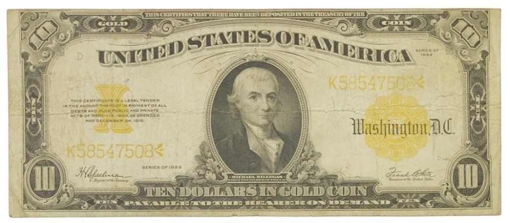 VF 1922 $10 Gold Certificate