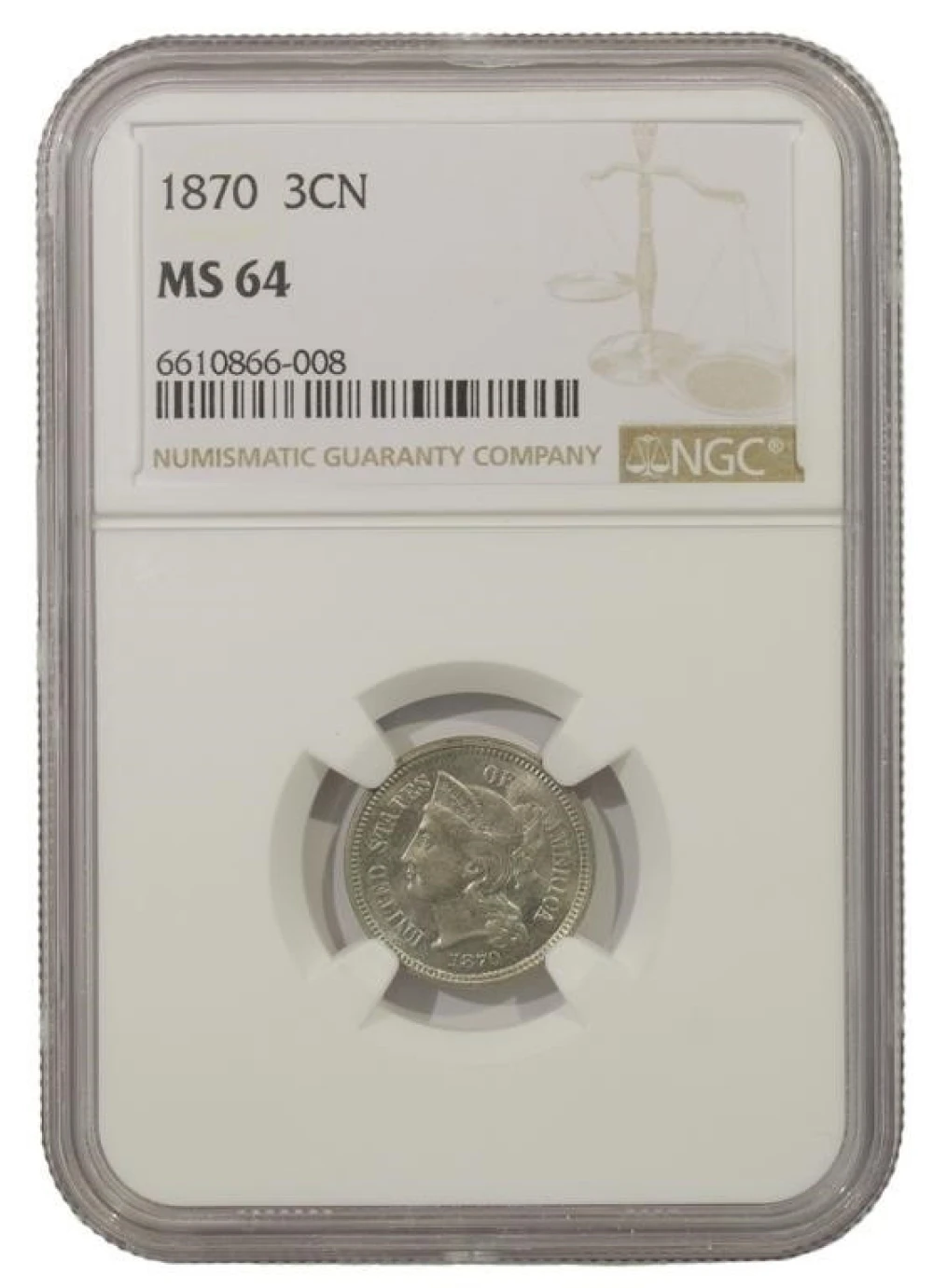 Very Choice Unc 1870 Nickel Three-Cents