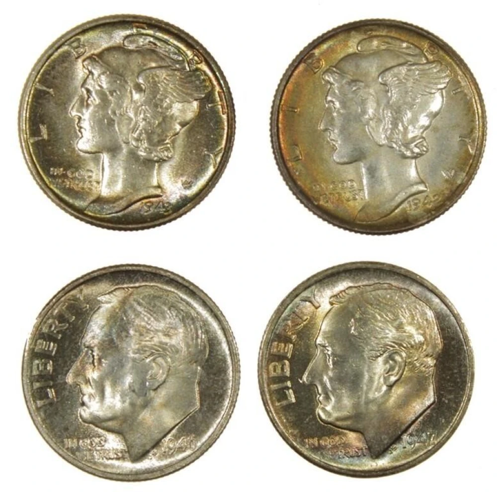 Quartet of Toned Unc Dimes