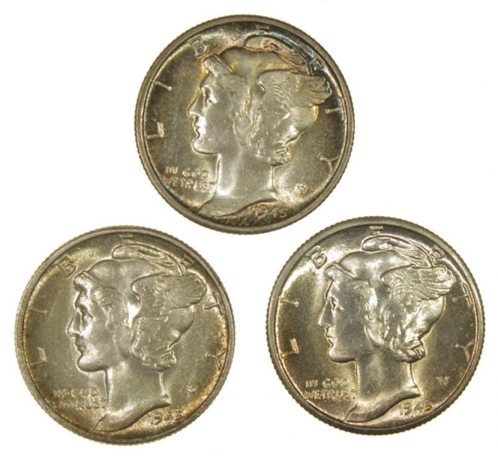 Toned Unc 1945 PDS Dimes