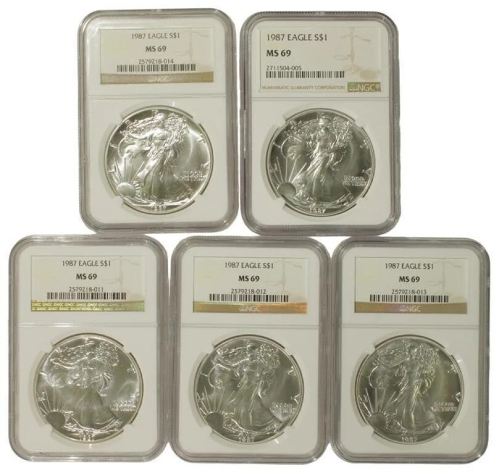 Lot of 5 NGC MS-69 1987 Silver Eagles