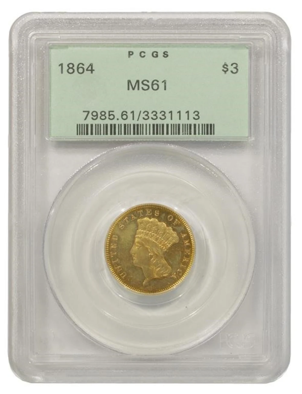 Rare Mint State 1864 $3 Gold