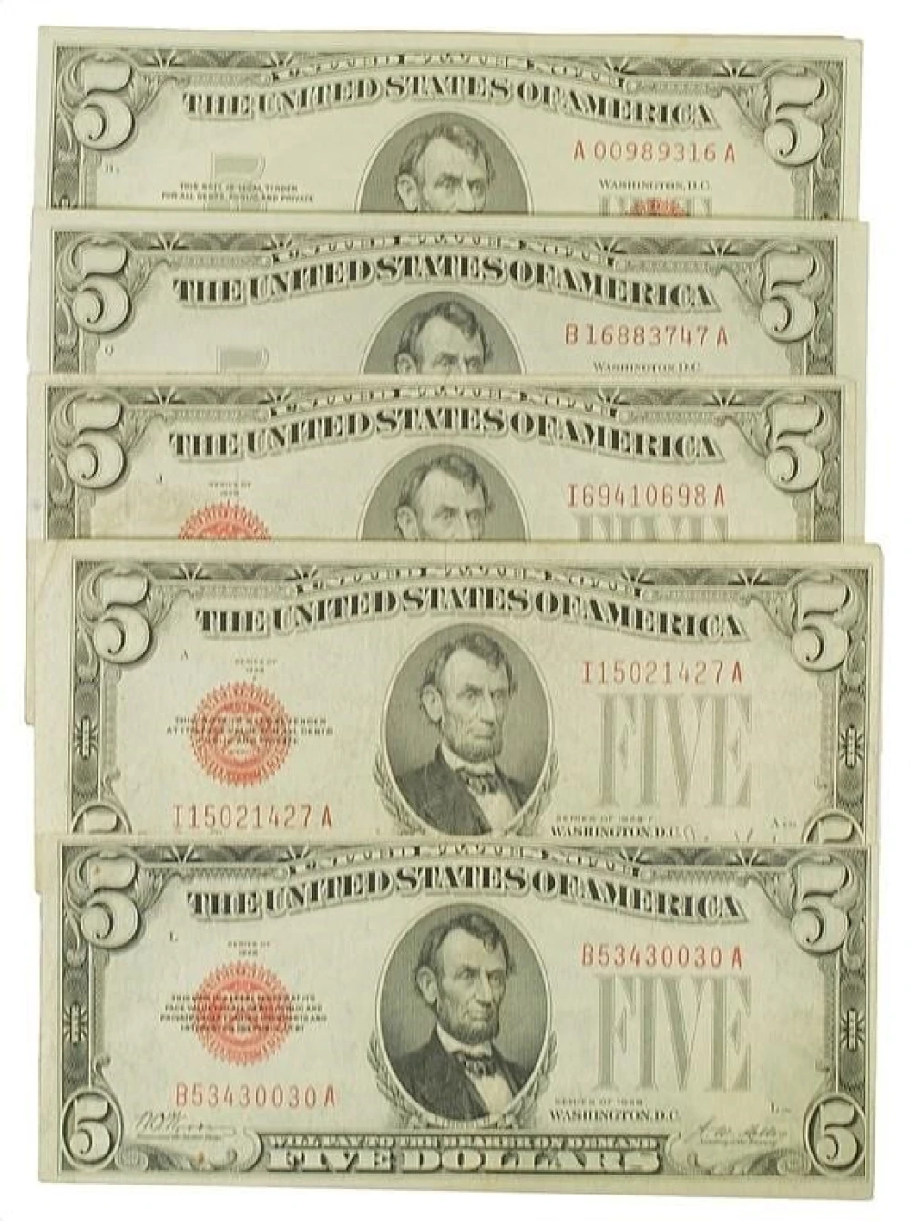 Five VF Red Seal $5 Notes