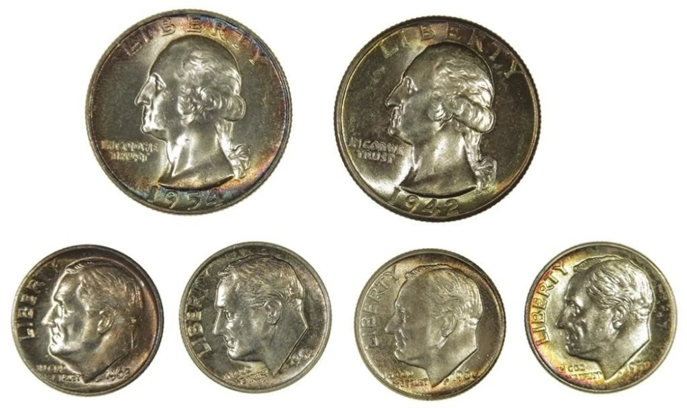 Toned Unc Dimes and Quarters Group