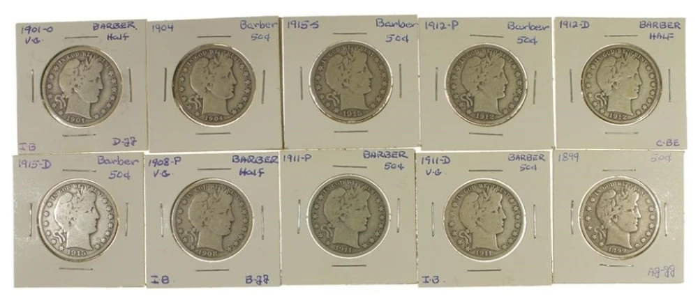 Group of 10 Different Barber Half Dollars