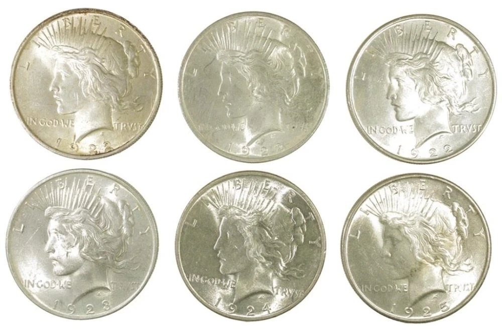Six Mint State Peace Dollars