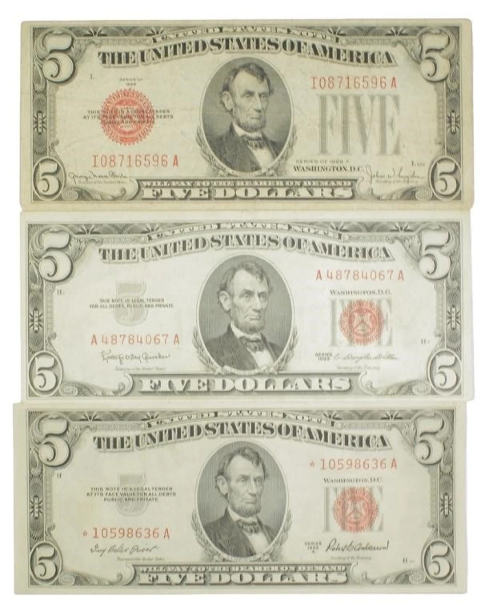 Trio of U.S. Note $5 Notes