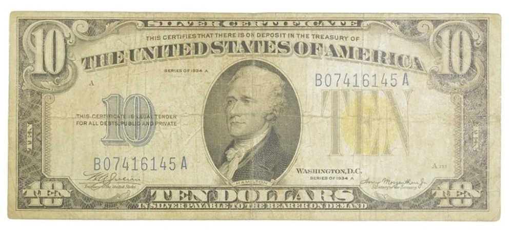 Fine Series 1934 A Yellow Seal $10