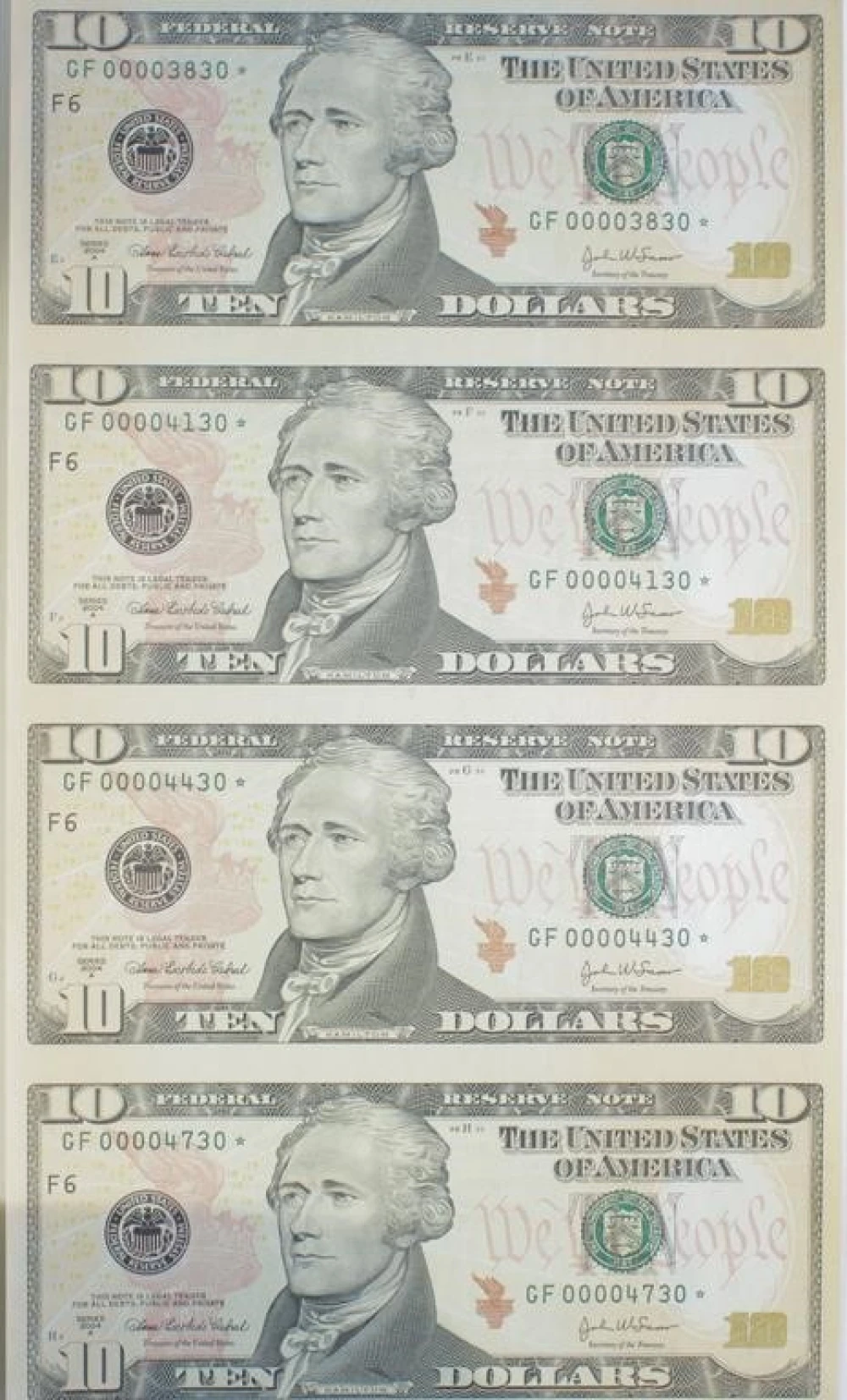 Four-Note Sheet of $10 F.R.N. Star Notes