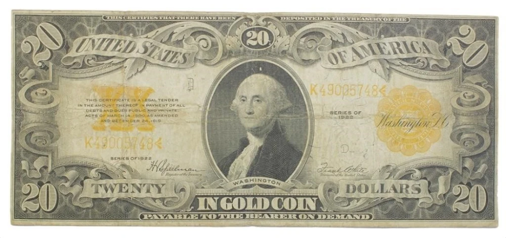Fine Series 1922 $20 Gold Coin Certificate