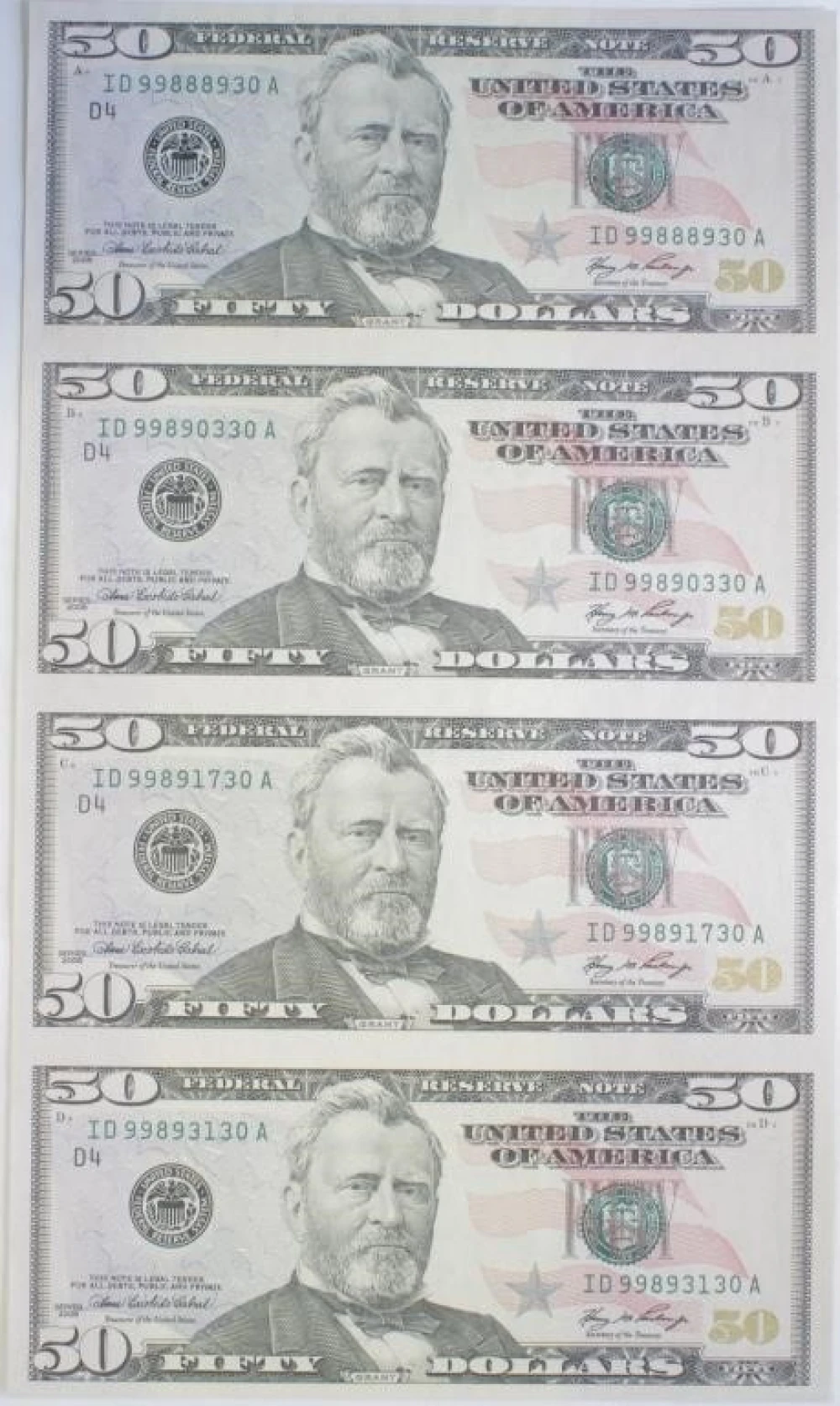 Four-Note Sheet of $50 F.R.N. Notes