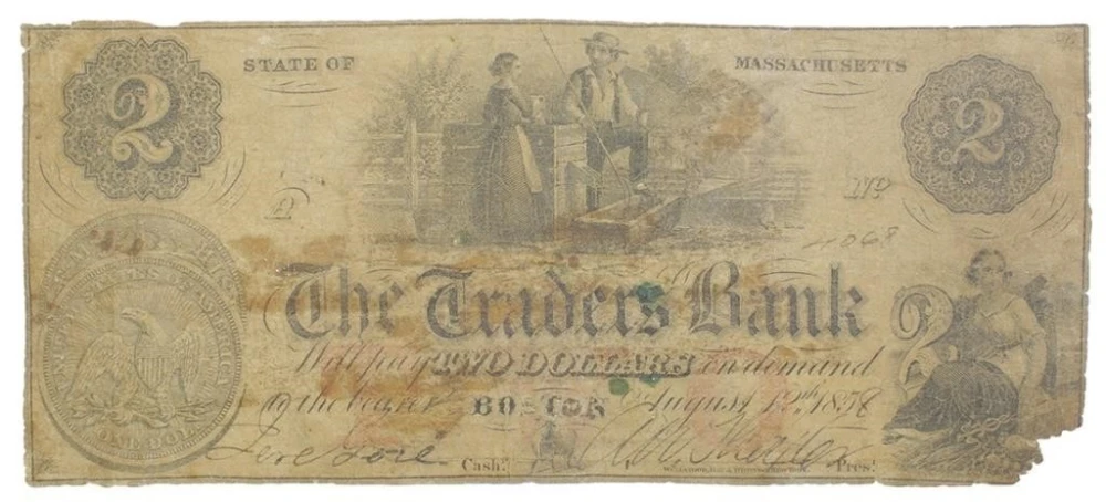 Massachusetts. Boston. 1858 $2 Seated Dollar Note