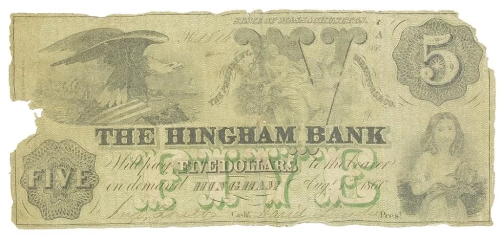 Massachusetts. Hingham. VG Spurious $5