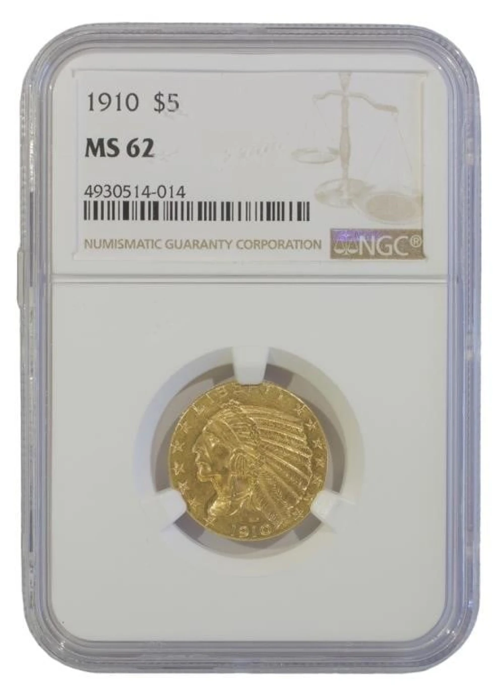 Select UNC 1910 $5 Gold Indian