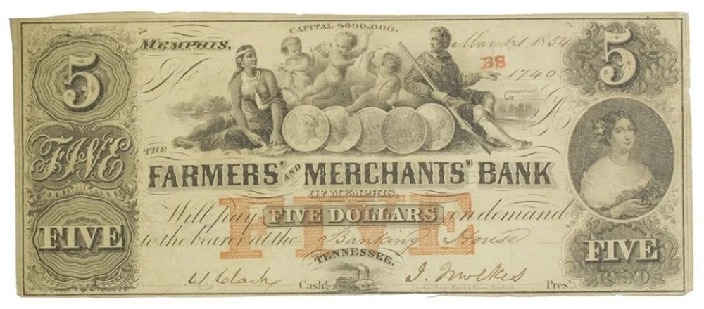 Tennessee. Memphis. Scarce Gold $5 Dollars Note