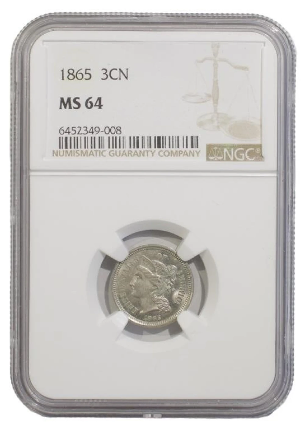 Near Gem 1865 Three Cent Nickel