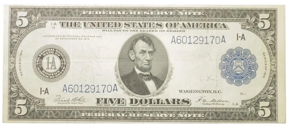 1914 $5 Federal Reserve Note.