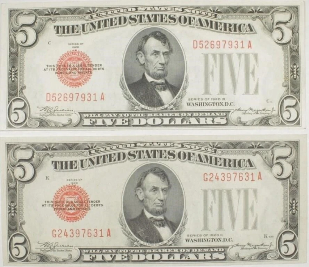 1928 $5 Red Seal Pair