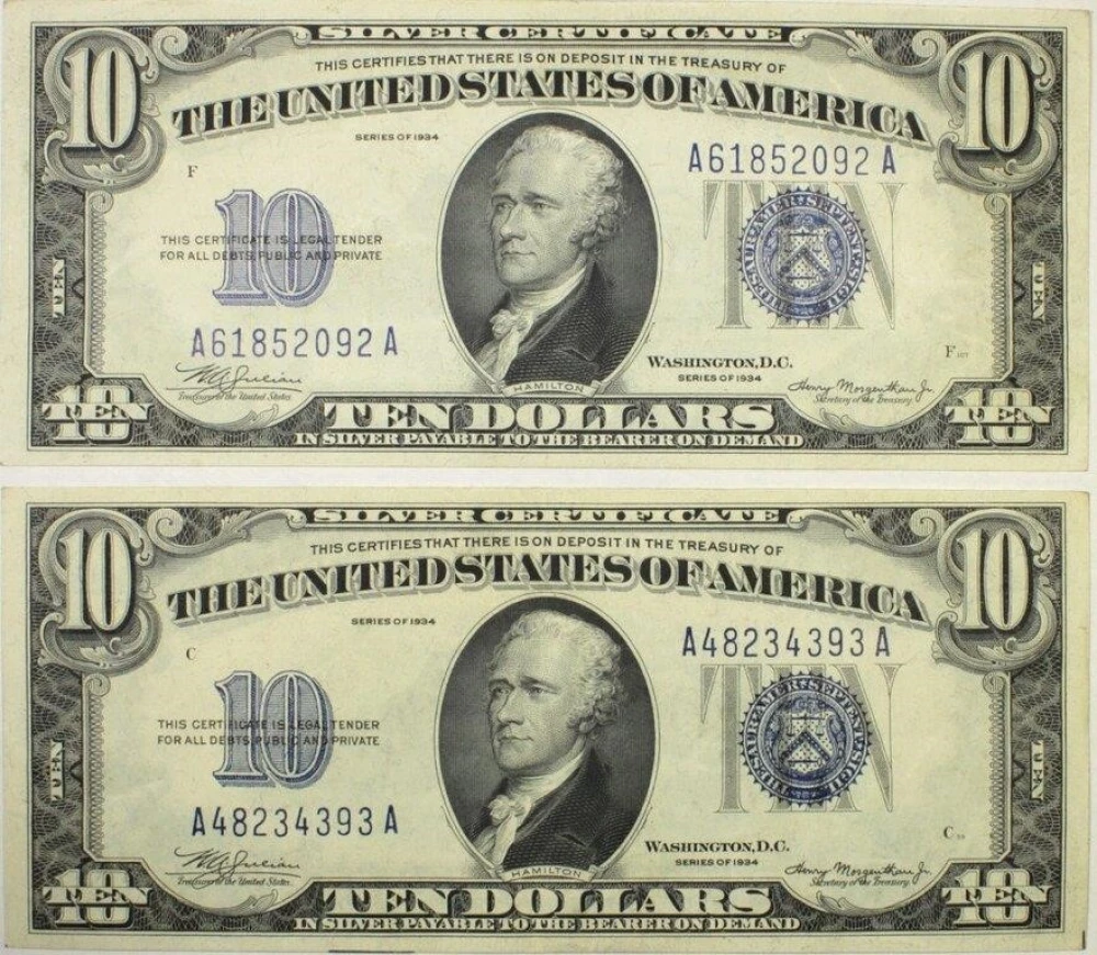 AU 1934 $10 Silver Certificate Pair