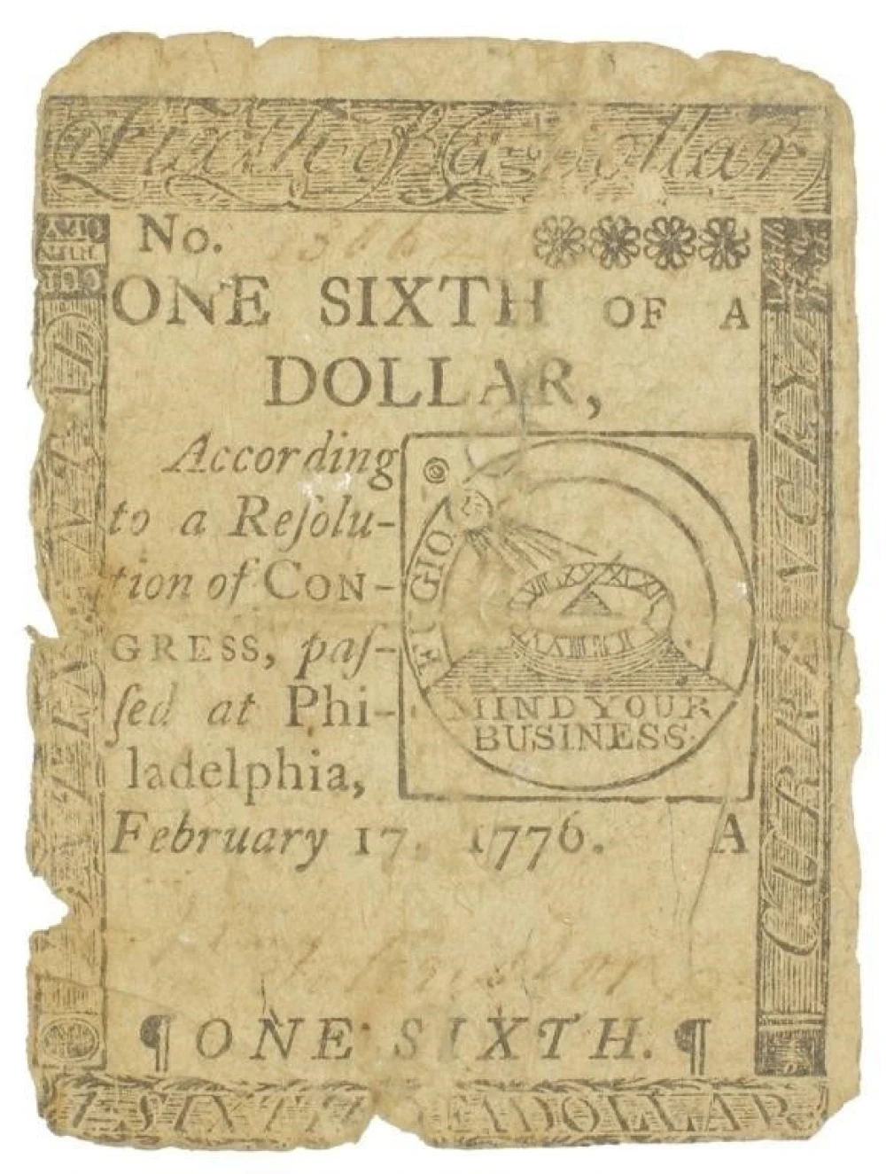 1776 Fugio Reverse $1/6 Continental Currency