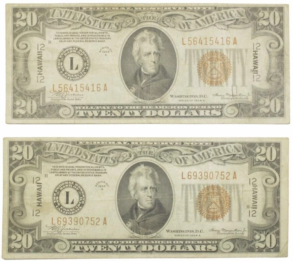 Pair Of 1934A $20 Hawaii Federal Reserve Notes