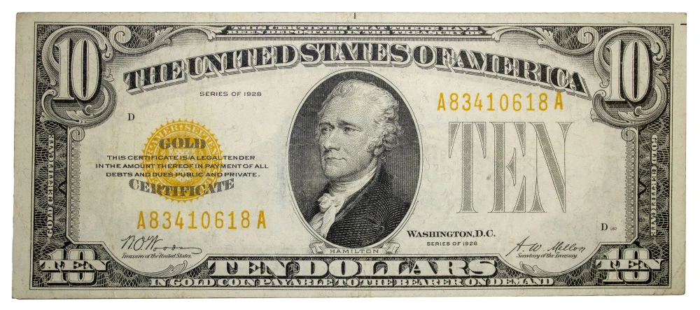 Crisp AU Series 1928 $10 Gold Certificate