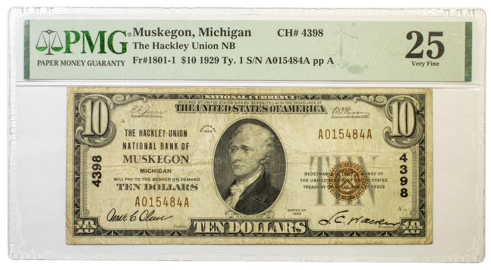 PMG VF-25 Series 1929 National Currency $10