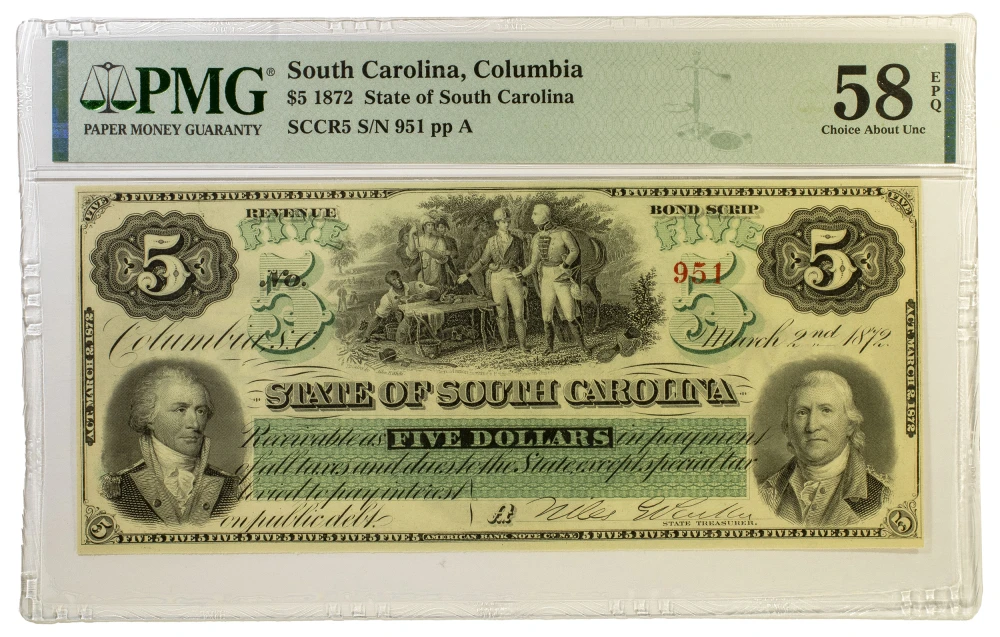 South Carolina. PMG Choice AU-58 $5