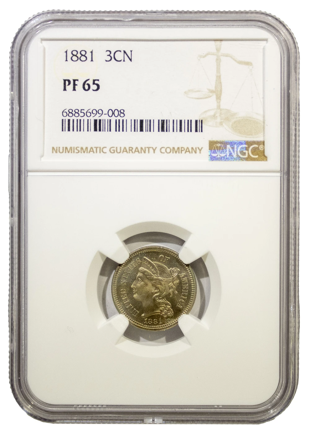 NGC Proof-65 1881 Nickel Three-Cents