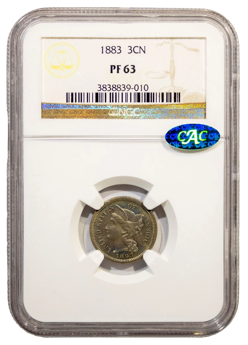 NGC Proof-63 CAC 1883 Nickel Three-Cents
