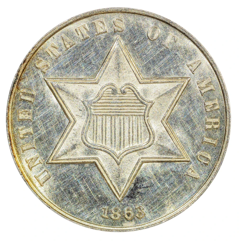 MS-60 Details 1863 Silver Three-Cents