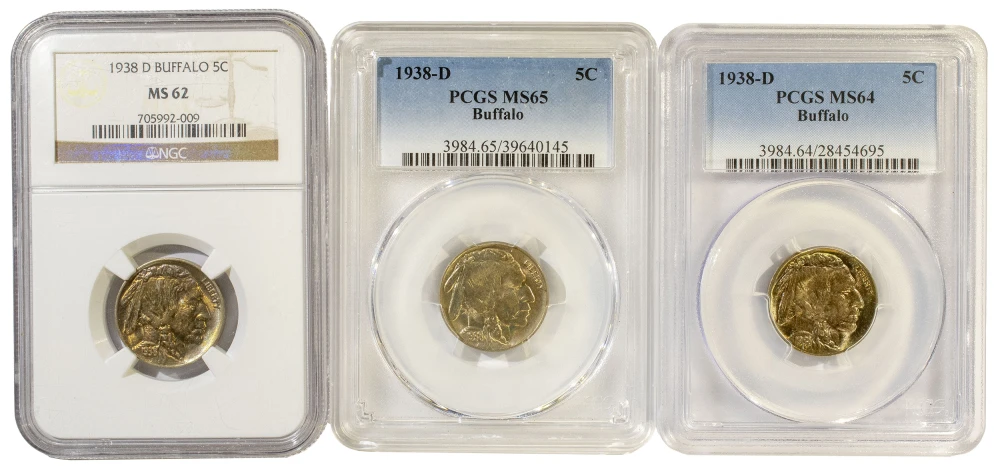 3 Certified 1938-D Buffalo Nickels