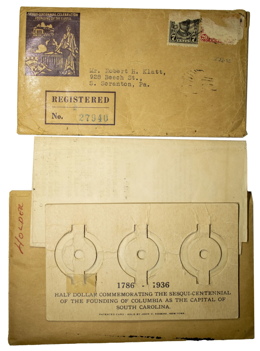 1936 Columbia, SC Holder, Letter, and Envelope