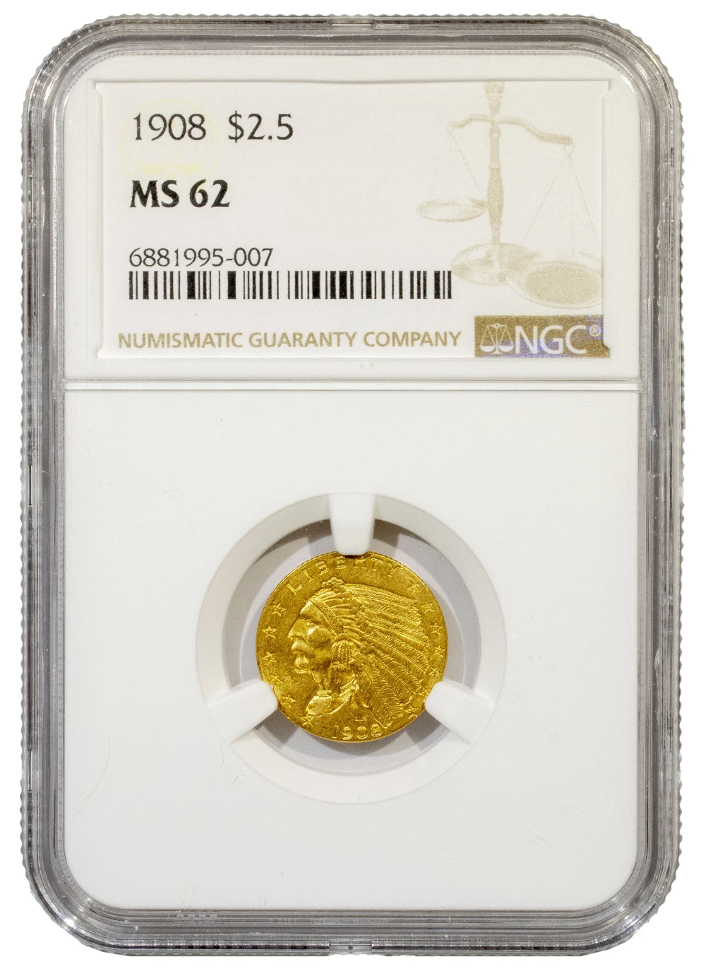 NGC MS-62 1908 Gold Indian $2.50