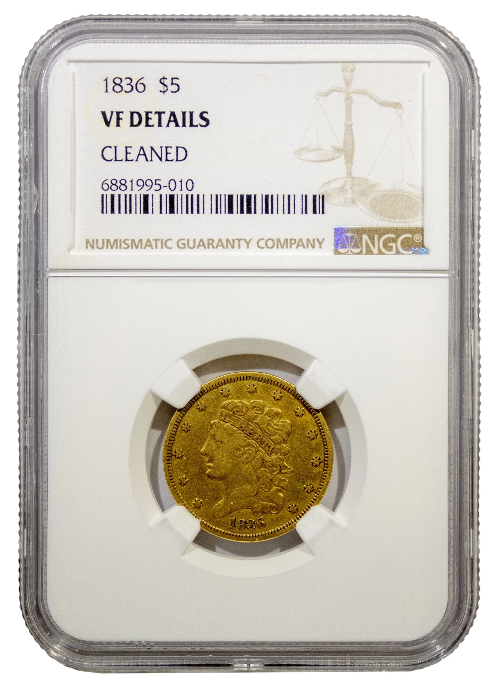 NGC VF Details 1836 Gold $5