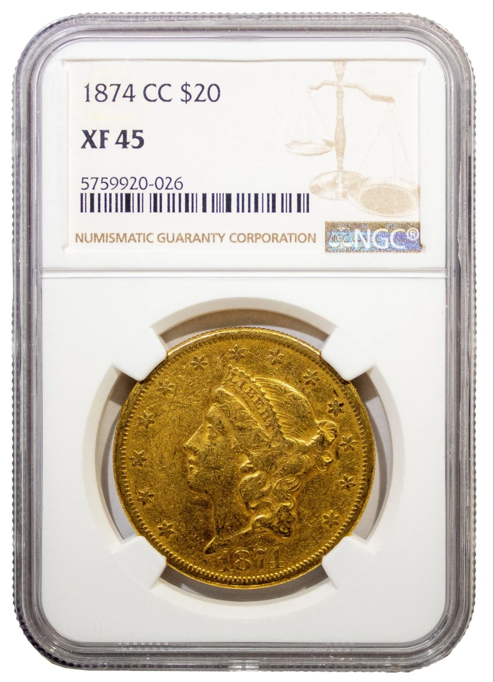 NGC EF-45 1874-CC Gold $20