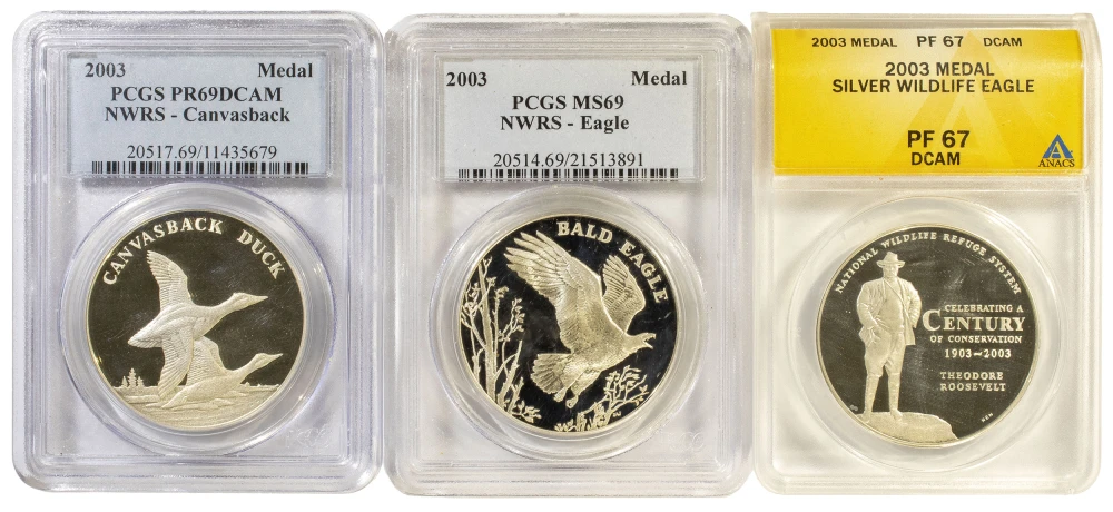 3 Pieces Certified Silver Wildlife Medals