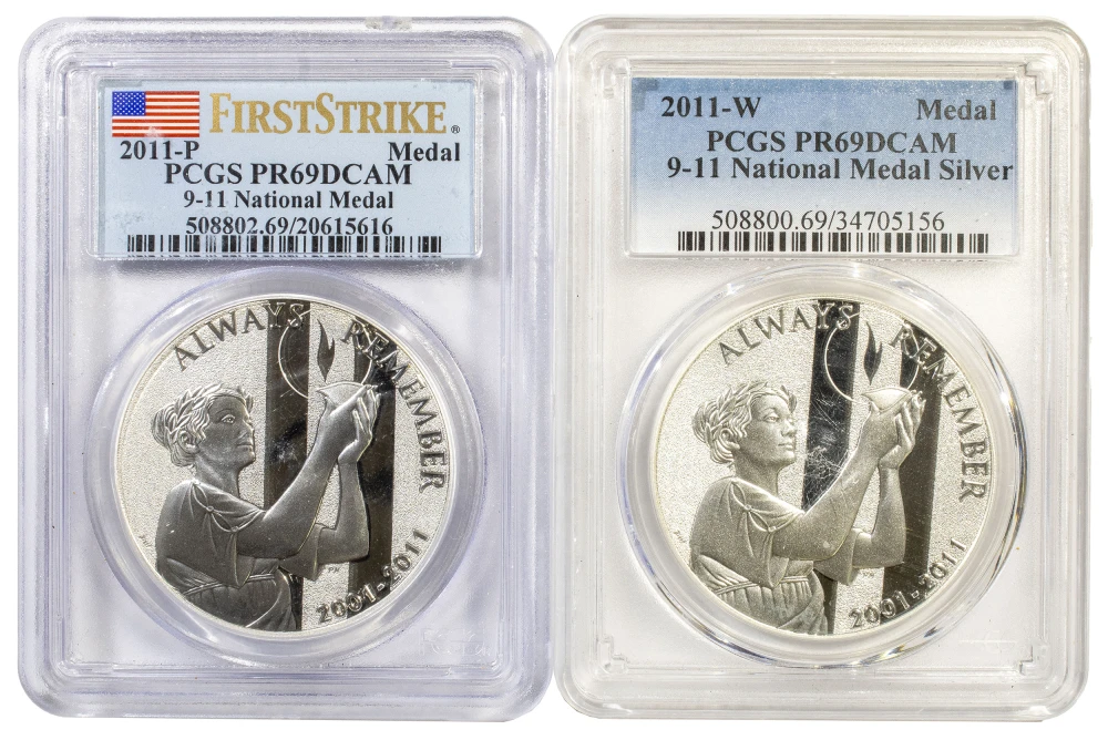 Pair of PCGS Proof-69 9-11 National Silver Medals