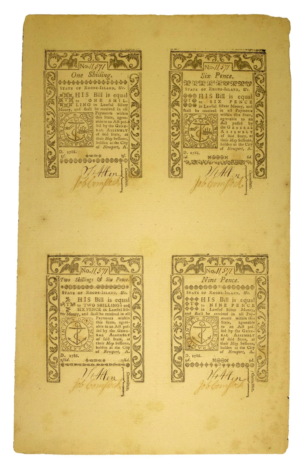 Rhode Island. Unc May, 1786 Denomination Sheet