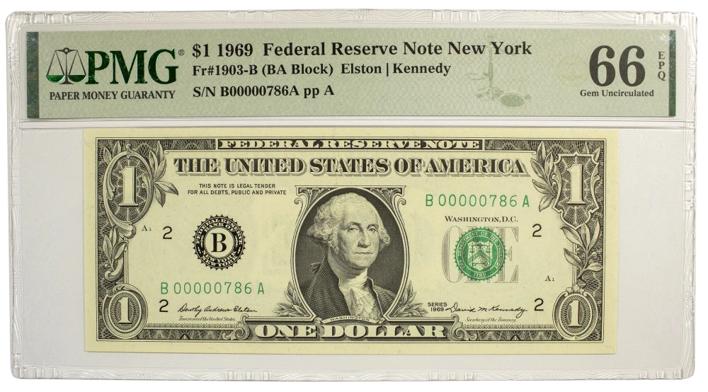 PMG Gem-66 1969 Low Serial Number $1