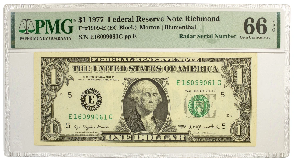 PMG Gem-66 1977 Radar Serial Number $1 Note