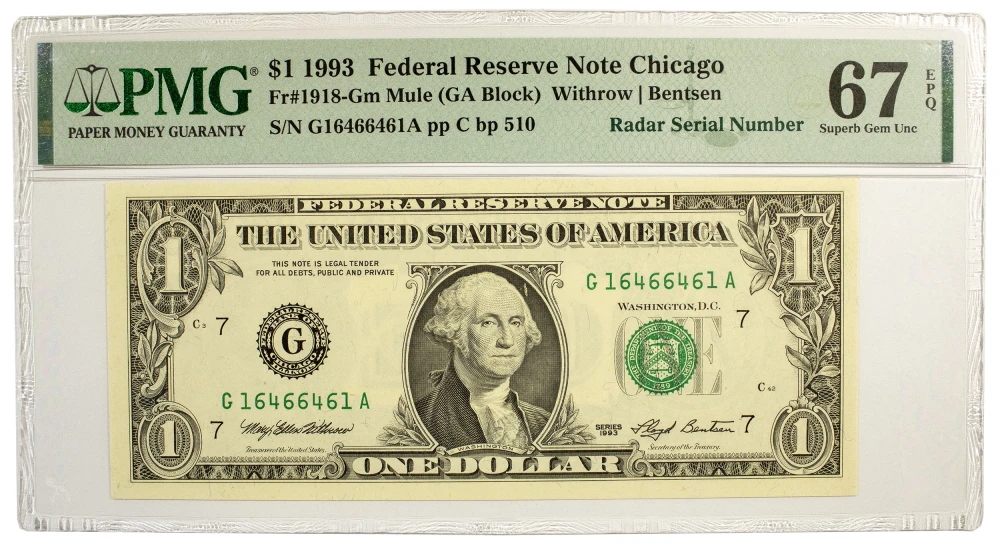 PMG Gem-67 1993 Radar Serial Number $1 Note