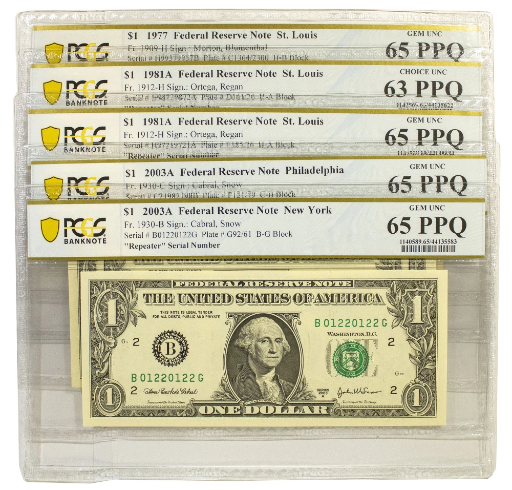 5 PCS PCGS Repeater Serial Number $1 FRN's