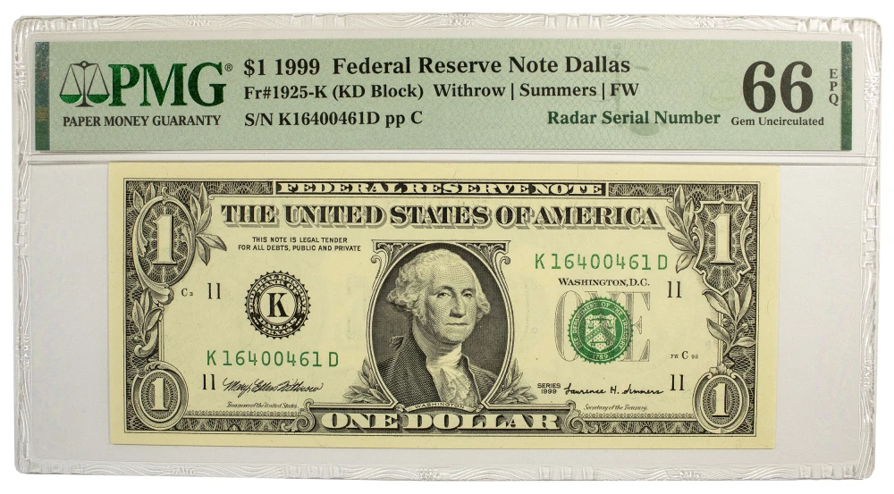PMG Gem-66 1999 Radar Serial Number $1 Note