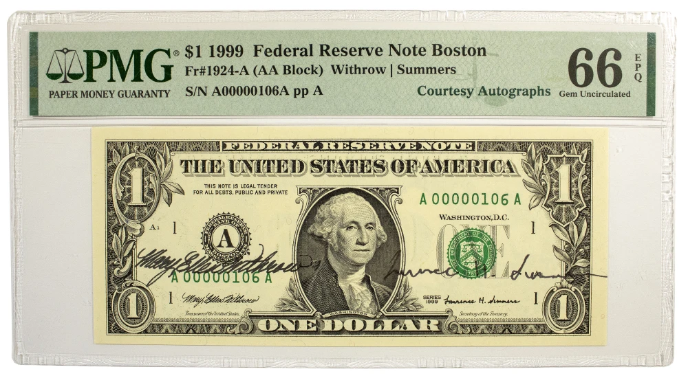 PMG Gem-66 1999 Courtesy Signed Twice $1
