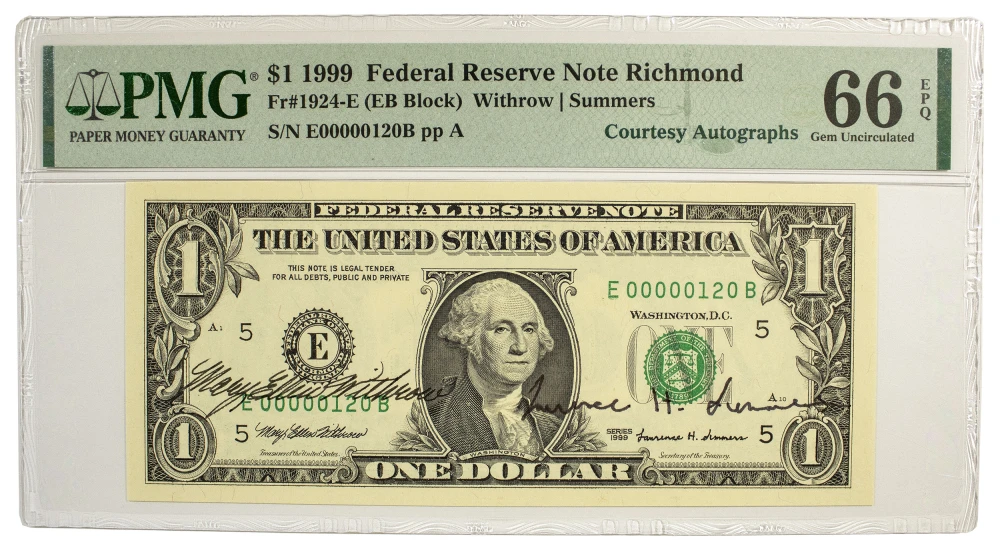 PMG Gem-66 1999 Courtesy Signed Twice $1
