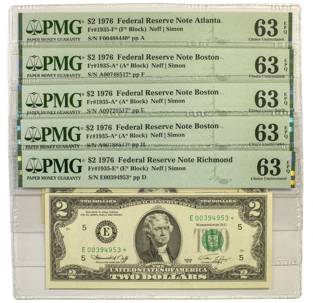 Five Crisp New PMG 1976 $2 Star Notes
