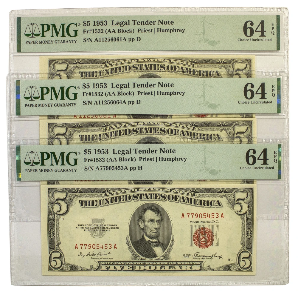 PMG CU-64 EPQ 1953 Red Seal $5 Threesome